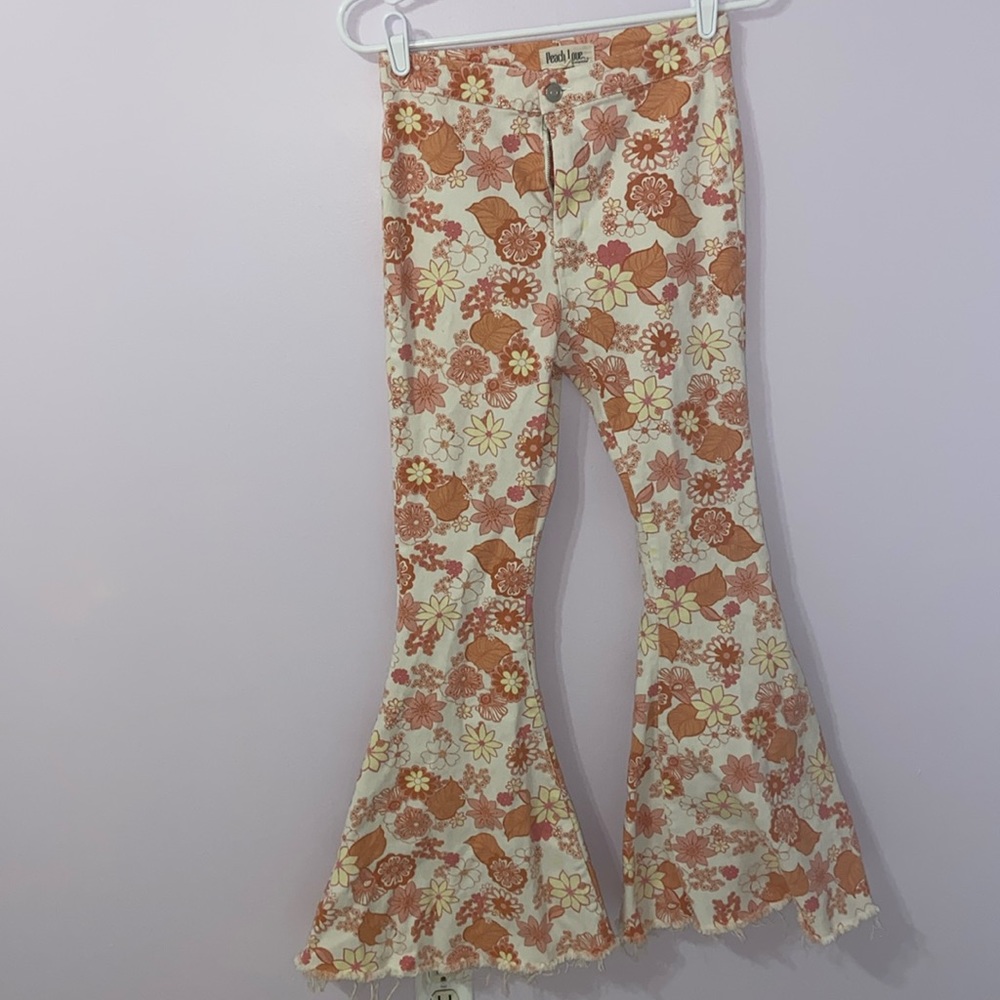 Hippy Dippy Peach Love California Floral Peach and White Raw Hem Flare Jeans